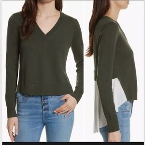 Veronica Beard Concord V-Neck Sweater Mixed Media Green White Size Small